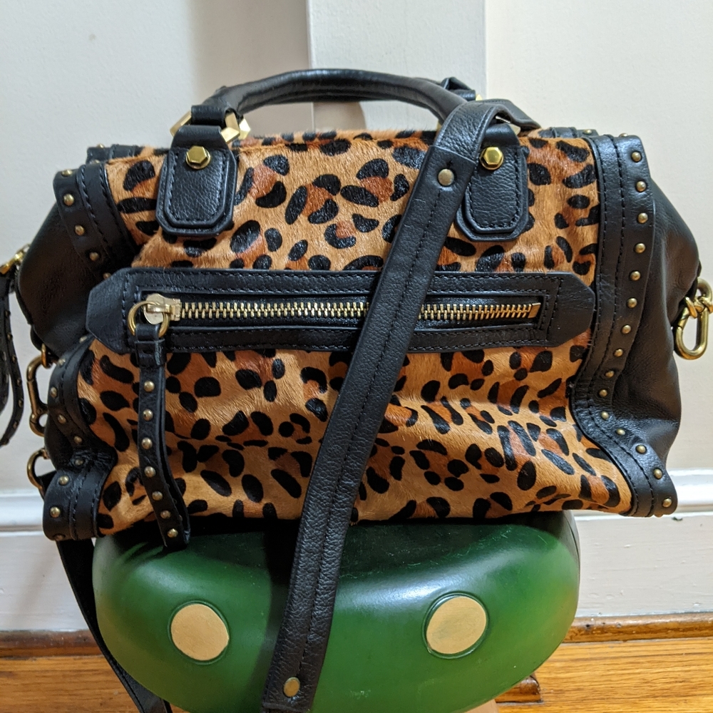 Speedy Brenda Studded Leopard Print Leather Calfhair Satchel